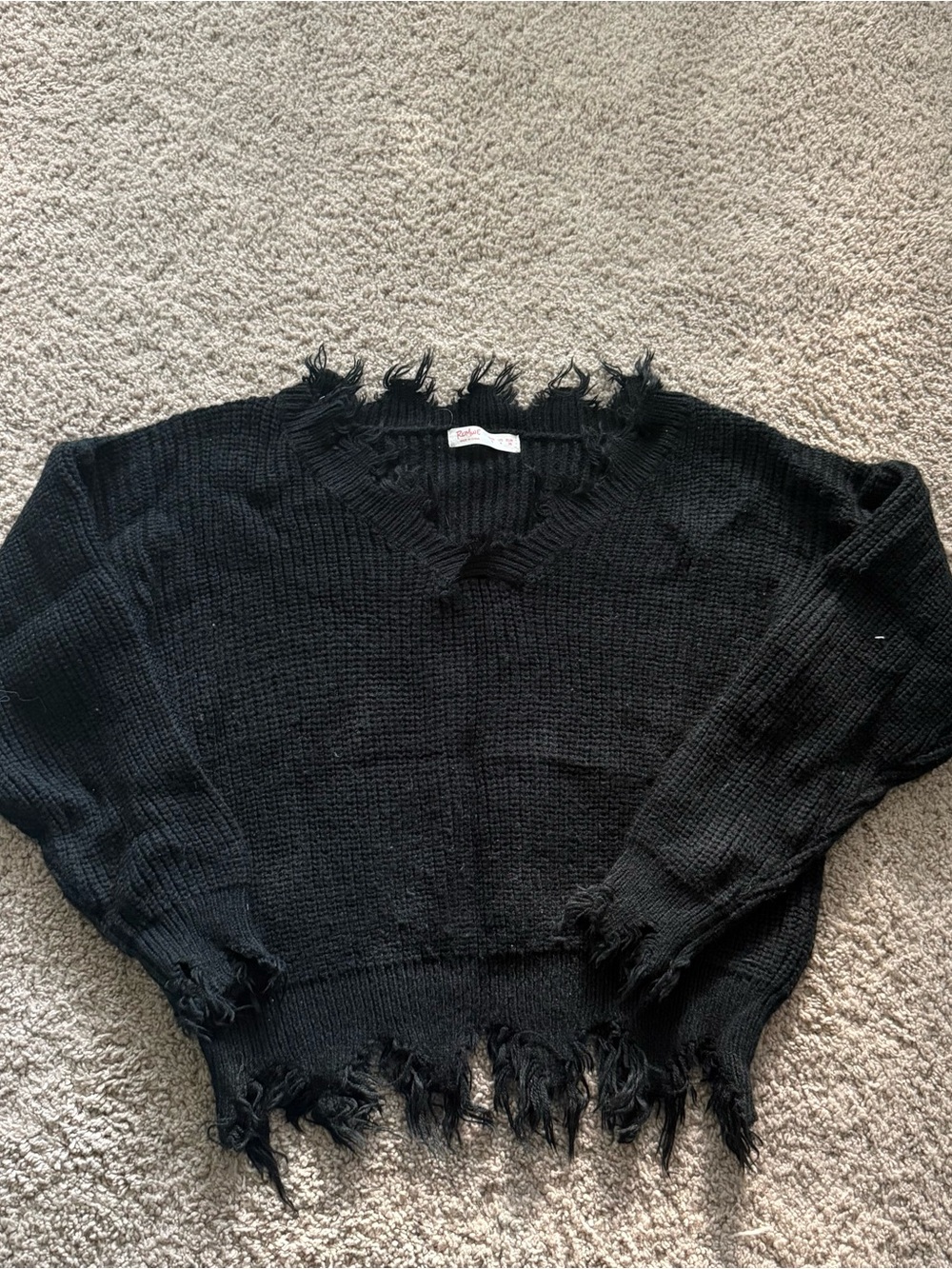 ROMWE Black Distressed Frayed V-Neck Sweater